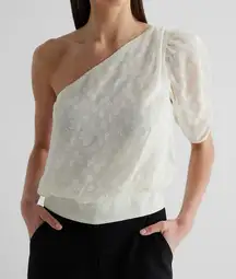 Express White Polka Dot Textured Chiffon One Shoulder Banded Bottom Top Size‎ S