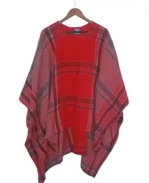 Vince Camuto XL Red Gray Plaid Shawl Poncho Top