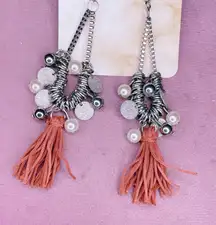 Elegant Silvertone and Brown Tassel Earrings