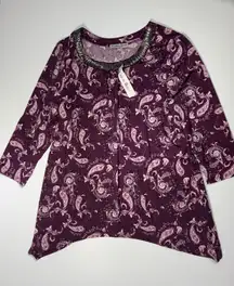 Carol Rose Plum Paisley Blouse with Embellished Collar 💜