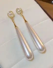 Elegant Pearl Drop Earrings – Long Teardrop Dangle with Gold Tone Accent‎ new