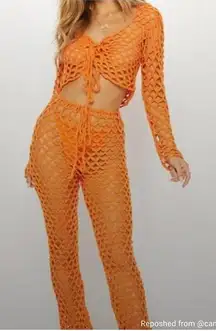 Preloved PrettyLittleThing Orange Crochet‎ Lace-Up Top & Bottom Set (Size S/M)