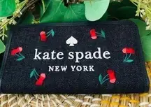 Kate Spade  denim cherry wallet zip around embroidered logo​​​​​​