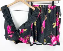 Torrid Floral Geo Black Ruffle Top Swim Skirt Set