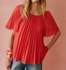 Sezane Romy Pleated Blouse Size 2 Red Flutter Sleeve Scoop Neck Feminine Elegant