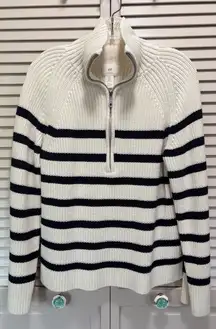 H&M 1/4 Zip Striped Oversized Knit Cardigan Size‎ M Long Sleeve Navy/Cream