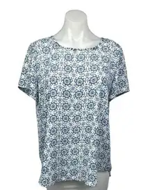 Premise White Blue Paisley Floral Print Crew neck Short Sleeve Blouse Top Size L