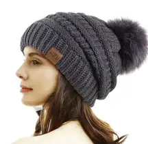 Winter Cozy Warm Pom Pom Dark Gray Beanie Soft Fleece Lined Slouchy Skiing NWT