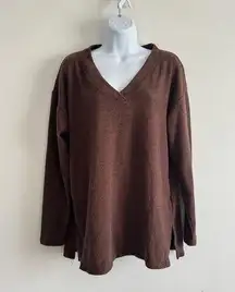 Old Navy Brown Plush Tee Long Sleeve V-Neck Top Small Soft Cozy Fall Basic