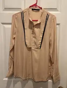 Zara Woman Popover Blouse Peach Black Piping Large Mod‎ Boho Flowy Career