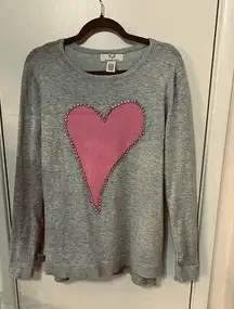 Magaschoni Gray Sweater Pink Rhinestone Trim Heart Size L