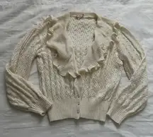 Vintage Cream knit ruffle neckline cardigan pearl buttons