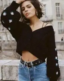 For Love & Lemons Savannah Cropped Cardigan Sweater Flowers Black Medium Puff