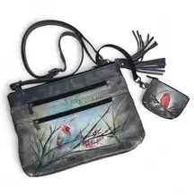 ANUSCHKA Medium Crossbody Cardinal Bird Double Zip Pocket Painted Signed Artwork