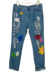 Misook Painted Flower Graphic High Rise Straight Leg Ripped Jeans Large 32"