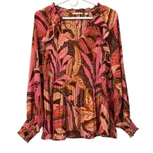 Sunny Leigh Top Womens Size M Retro Floral Long Sleeve V‎ Neck Pleated Ruffles