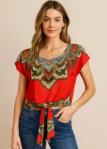 Walker Boutique Boho Floral Tie Front Crop Top Red Multicolor Festival Size S