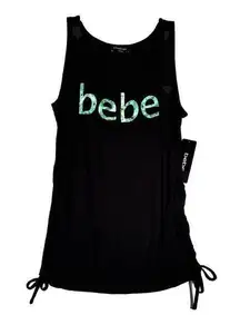 Bebe Shirt Women Large Black Green Botanical Logo Lace Up Casual Tank Athleisure