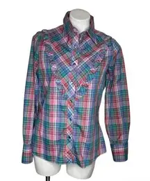 Wrangler  Authentic Western Shirt For Females Plaid Pink Blue Vintage 70s Ruffled