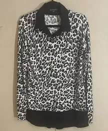 Adrianna papell leopard black white collard tunic blouse sweater medium