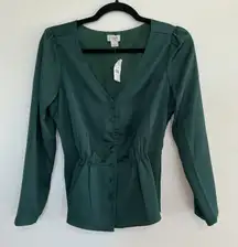 J Crew Emerald Green V Neck Button Front Puff Sleeve Peplum Top Size 2