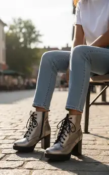 Madden NYC Women Gold Chrome Lace-Up Platform Metallic Edgy Combat Boots Size 6