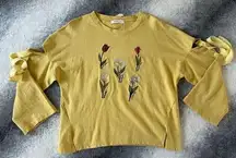 Believe... Floral Embroidered 3/4 Sleeve Cut Out Arm Tie Yellow Sweater Size XL