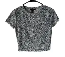 Forever 21 Shirt Womens Medium Black‎ White Floral Daisy Cutout Cropped Tee Top