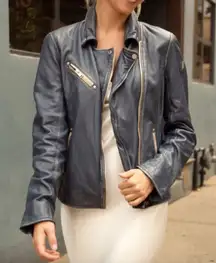 MAURITIUS Biker Moto Rock Grey Blue Leather Jacket | Medium 8