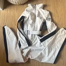 Belted One Piece Fleece Lined Ski Suit Jumpsuit Snowbib White w/ Sporty Stripes