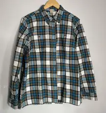 Duluth Trading Women  Free Swing in Flannel Button Down Shirt Sz L Brown Plaid