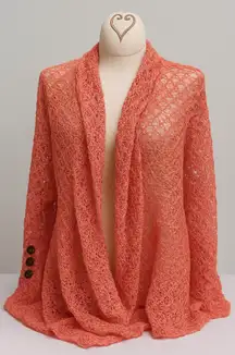 Karen Hart 2X Coral Open Knit Cardigan Wrap Sweater Lightweight Boho‎ Layering