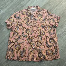 C & C California Women’s L Linen Blend Floral Button Blouse Pink Boho Hippie