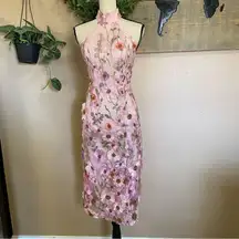 NWOT Lulus Unique Impression Pink 3D Floral Embroidered Halter Midi Dress