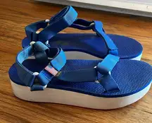 Teva  1016947 women’s blue platform wedge sandals; size 10.5