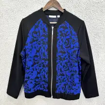 Susan Graver Bomber Jacket Womens‎ Medium Black Blue Floral Zip Lightweight Boho