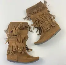 MINNETONKA Camel Brown Tan 3 Layer Fringe Moccasin Boots Boho Aztec Size 6