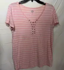 SO Pink & White Striped Lace-Up Short Sleeve Top Soft Relaxed Fit Size Small