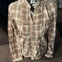 GLORIA VANDERBILT Beige & Brown Plaid Blouse Size Petite Small