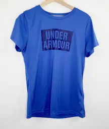 Under Armour Blue Logo Print Short Sleeve Activewear T Shirt Womens Size Medium