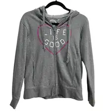 Life Is Good Zip Up Hoodie Gray Pink Relaxed Fit Womans XS Heart Design Sweater