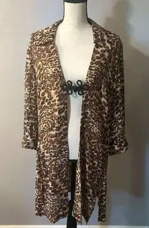 Studio I Leopard Print Coverup Cardigan Kimono Size 16 Semi Sheer Swimsuit Cover