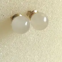 Semi Precious Stone Off White Opaque Gold Tone Dainty Ball Stud Pierced Earrings