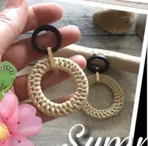 Straw and Black Wood Hoop Statement Earrings