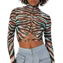 AFRM Revolve Micaela Mesh Zebra Print Turtleneck Crop Top Medium NWT