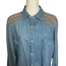 Wrangler Retro Boyfriend Style Embroidered Pearl Snap Chambray Top Large Western