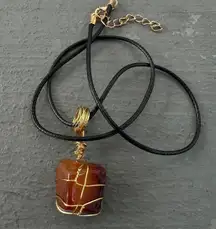 Carnelian Agate Gold Wire Wrapped Stone Pendant Necklace