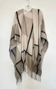 Three Dots Poncho Wrap One Size Neutral Miranda Plaid‎ Cashmere Blend Fringe