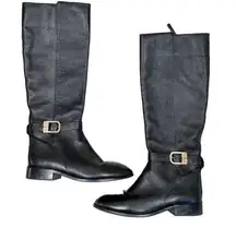 Tory Burch Black Leather Brooke Tall‎ Knee High Boots With Buckle Detail