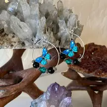 NEW Handmade Blue Butterfly Silver Hoop Hook Earrings